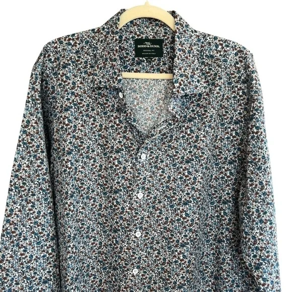 Rodd & Gunn Floral Button Front Long Sleeve Shirt Blue Brown XXL Spring Preppy - Picture 2 of 5